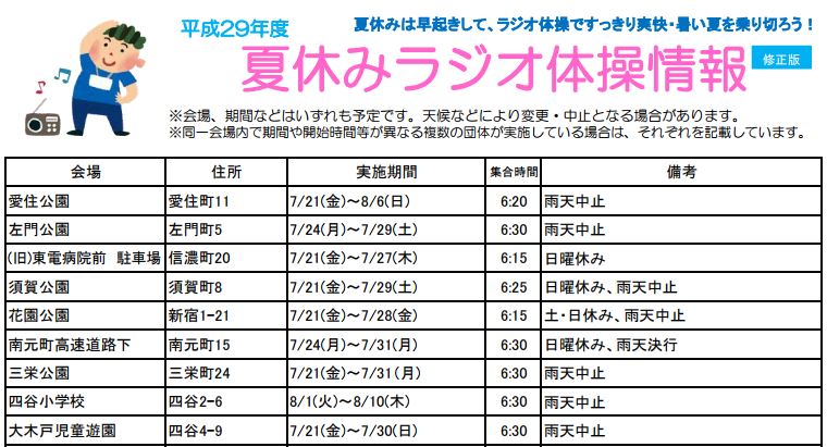 夏休みラジオ体操 四谷地区9会場の日程